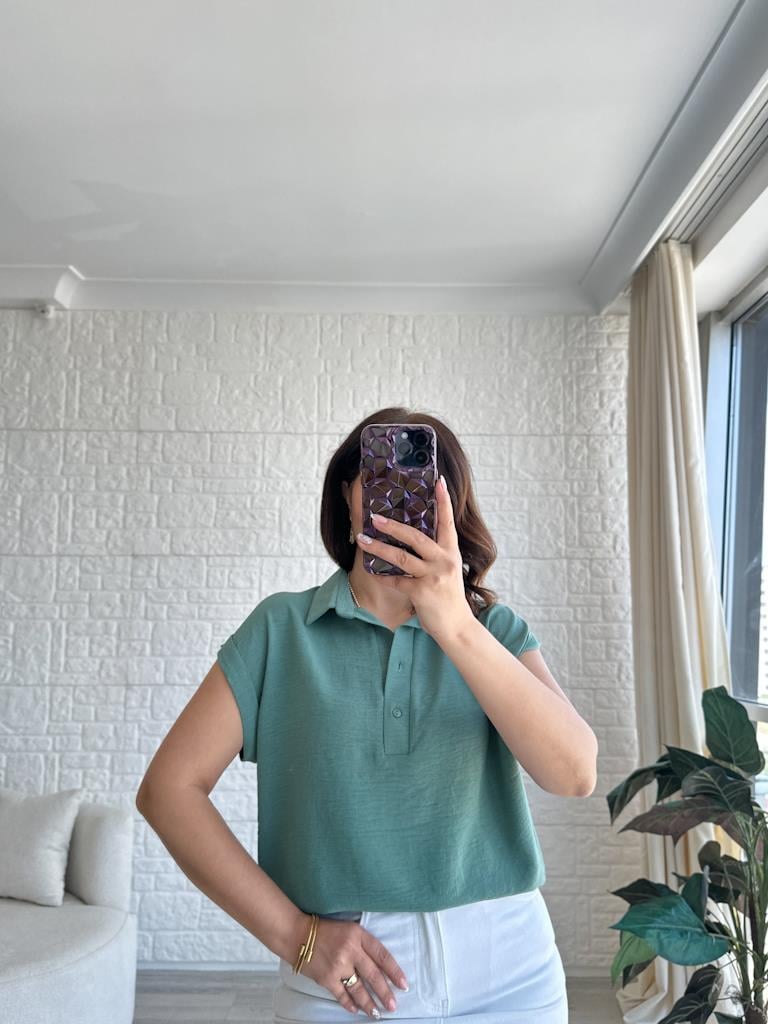 Su Yeşili Özel Üretim İthal Aerobin Yaka Patlı Gömlek