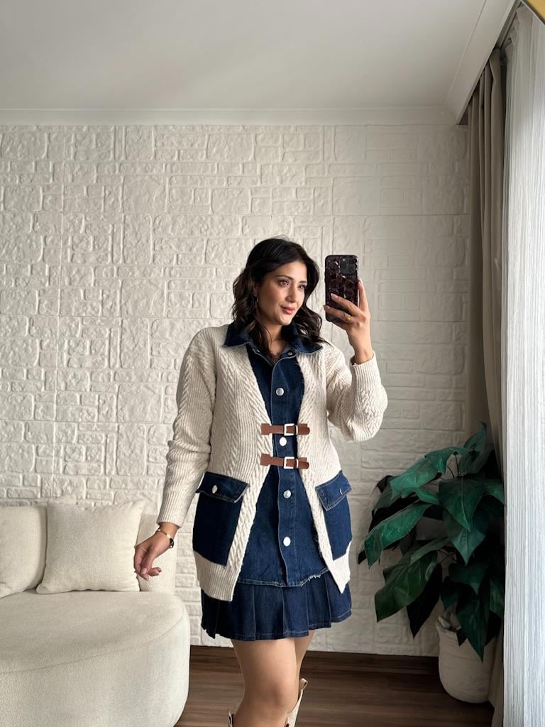 Taş Denim Garnili Deri Kemer Detay Oversize Örme Hırka