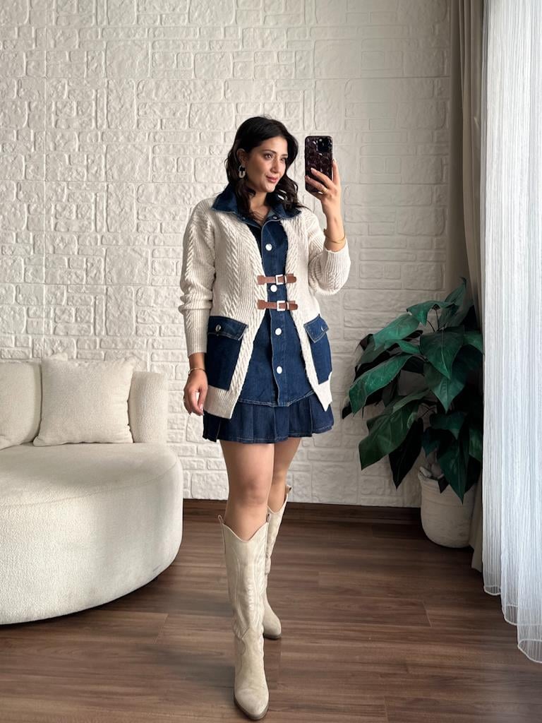 Taş Denim Garnili Deri Kemer Detay Oversize Örme Hırka