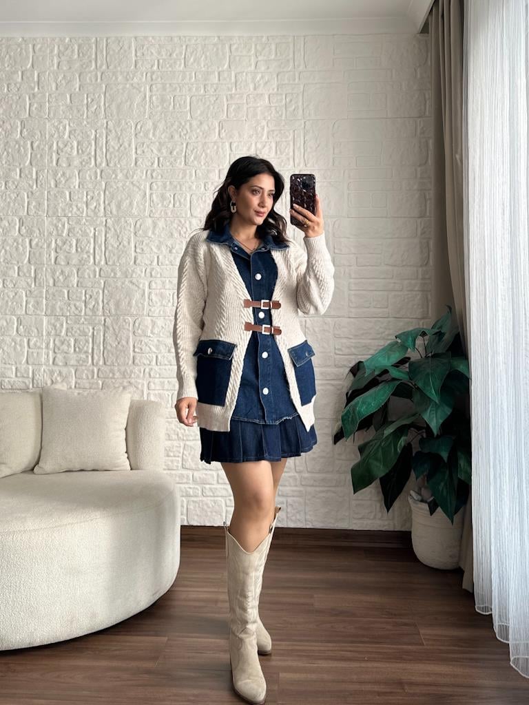 Taş Denim Garnili Deri Kemer Detay Oversize Örme Hırka