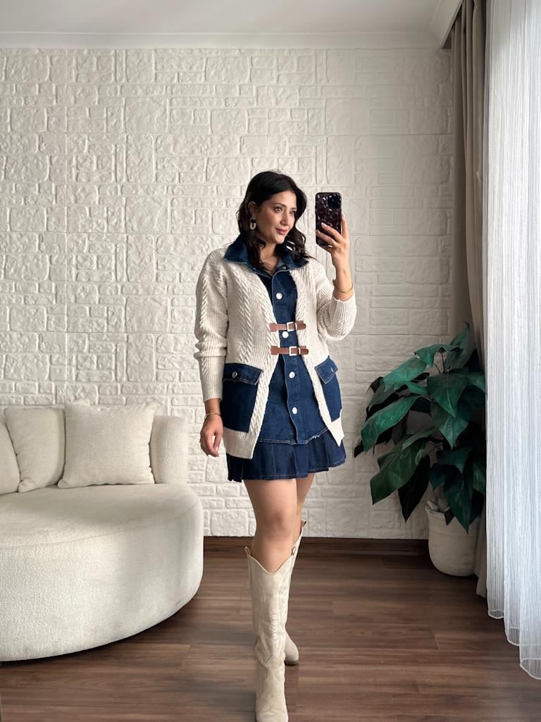 Taş Denim Garnili Deri Kemer Detay Oversize Örme Hırka
