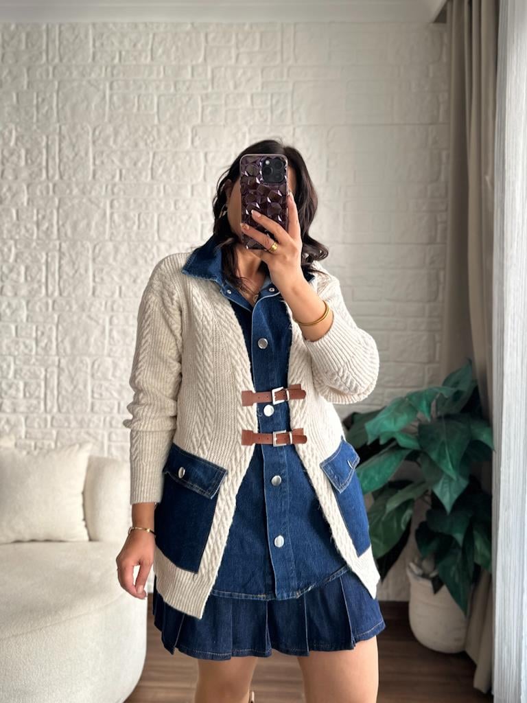 Taş Denim Garnili Deri Kemer Detay Oversize Örme Hırka