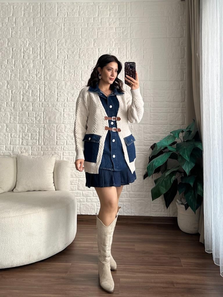 Taş Denim Garnili Deri Kemer Detay Oversize Örme Hırka