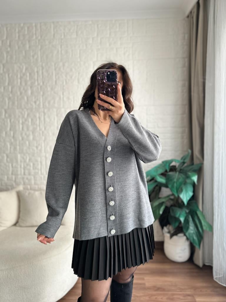 Taş Düğmeli Oversize Hırka Antrasit