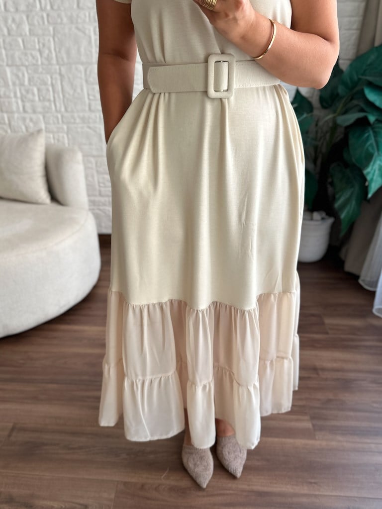 Taş  Modal Kemer Detaylı Şifon Garnili Elbise