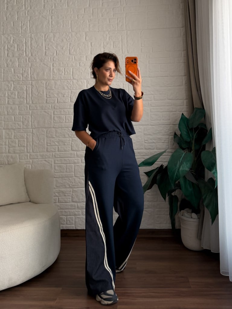 Tasarım Jean Detaylı Yelek Bluz Pantolon Takım