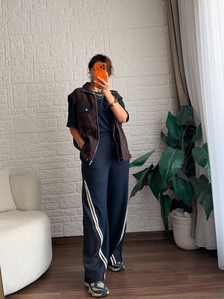 Tasarım Jean Detaylı Yelek Bluz Pantolon Takım