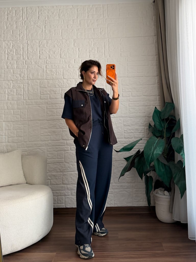 Tasarım Jean Detaylı Yelek Bluz Pantolon Takım