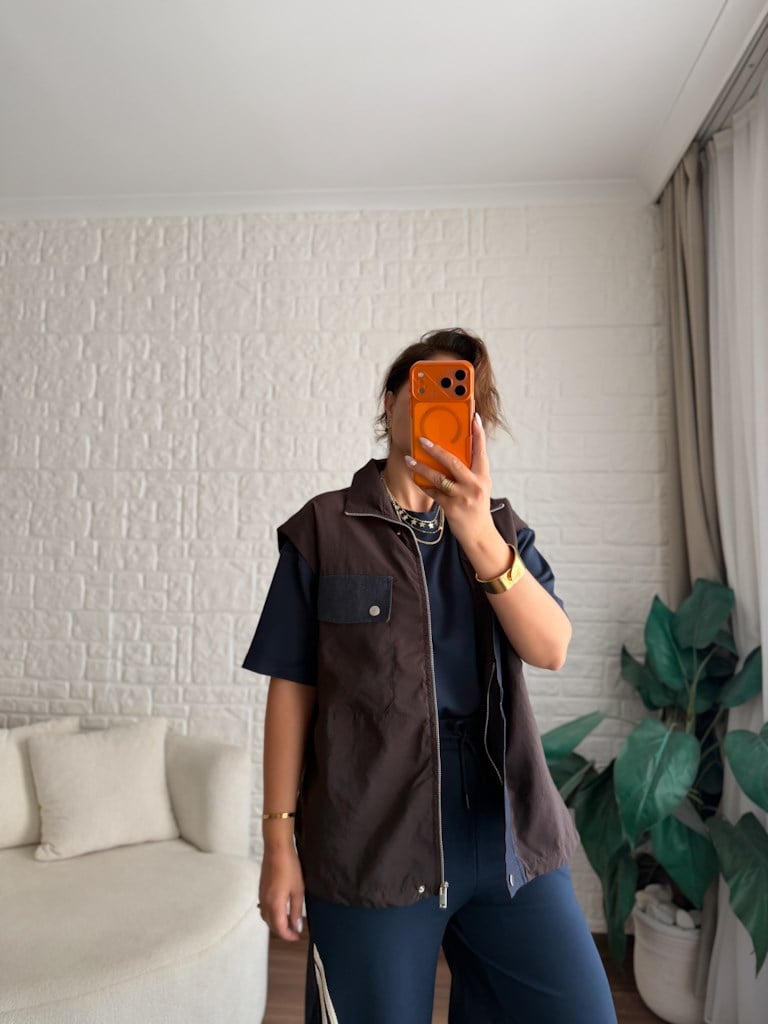 Tasarım Jean Detaylı Yelek Bluz Pantolon Takım