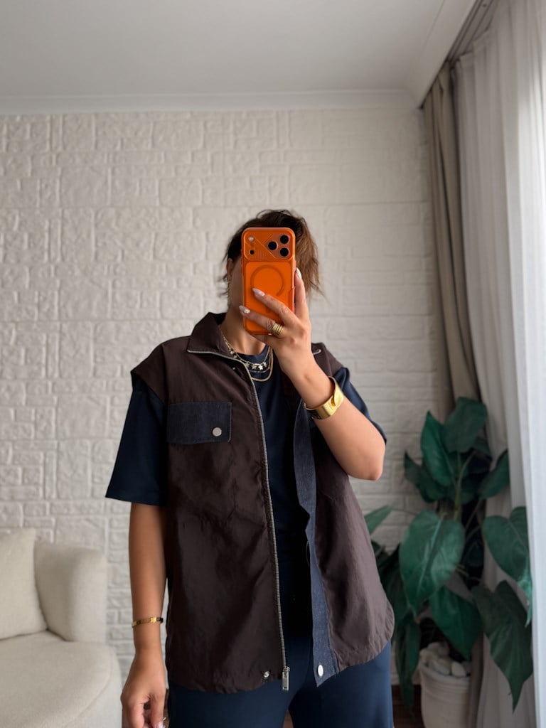 Tasarım Jean Detaylı Yelek Bluz Pantolon Takım
