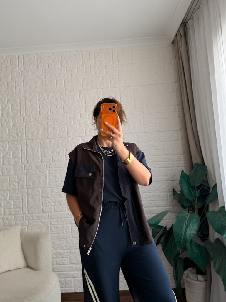 Tasarım Jean Detaylı Yelek Bluz Pantolon Takım