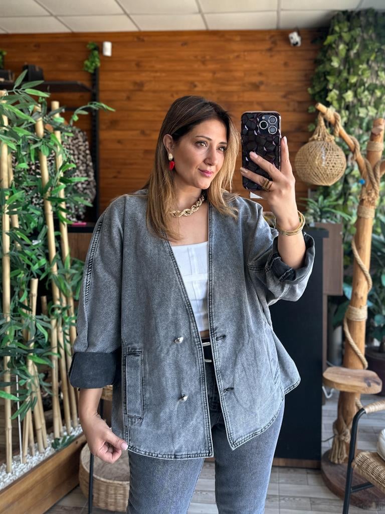 Tasarım Oversize Yarasa Kollu Ceket Gri