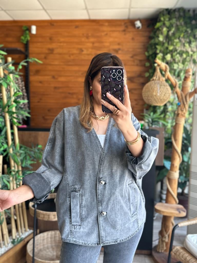 Tasarım Oversize Yarasa Kollu Ceket Gri