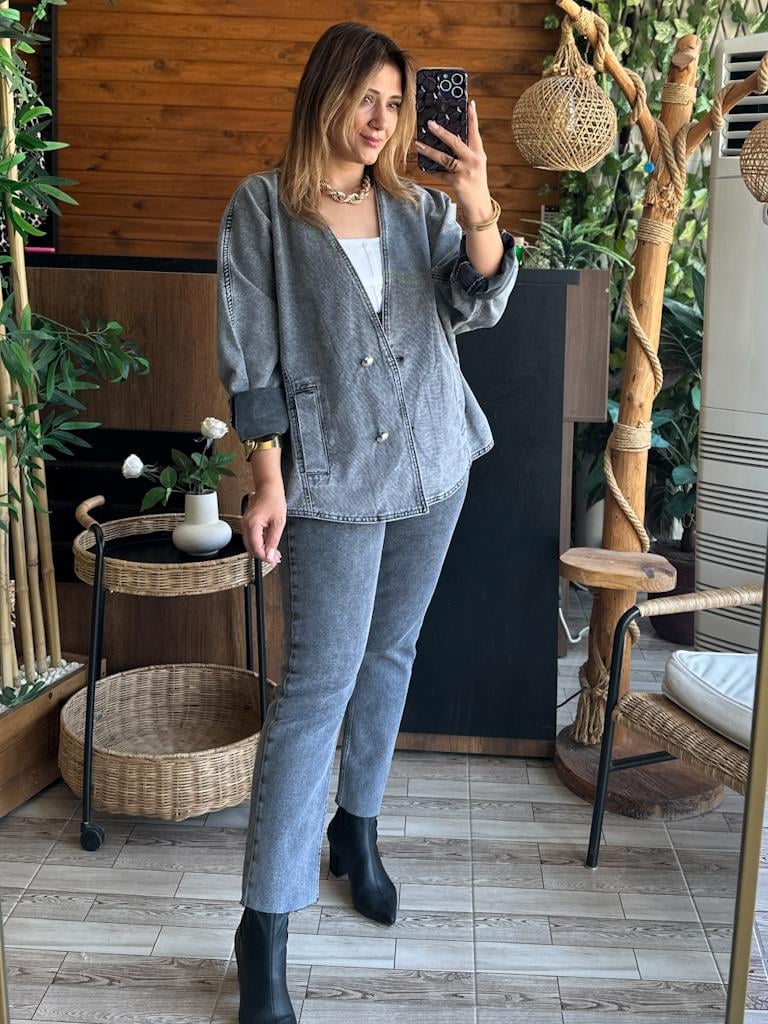 Tasarım Oversize Yarasa Kollu Ceket Gri