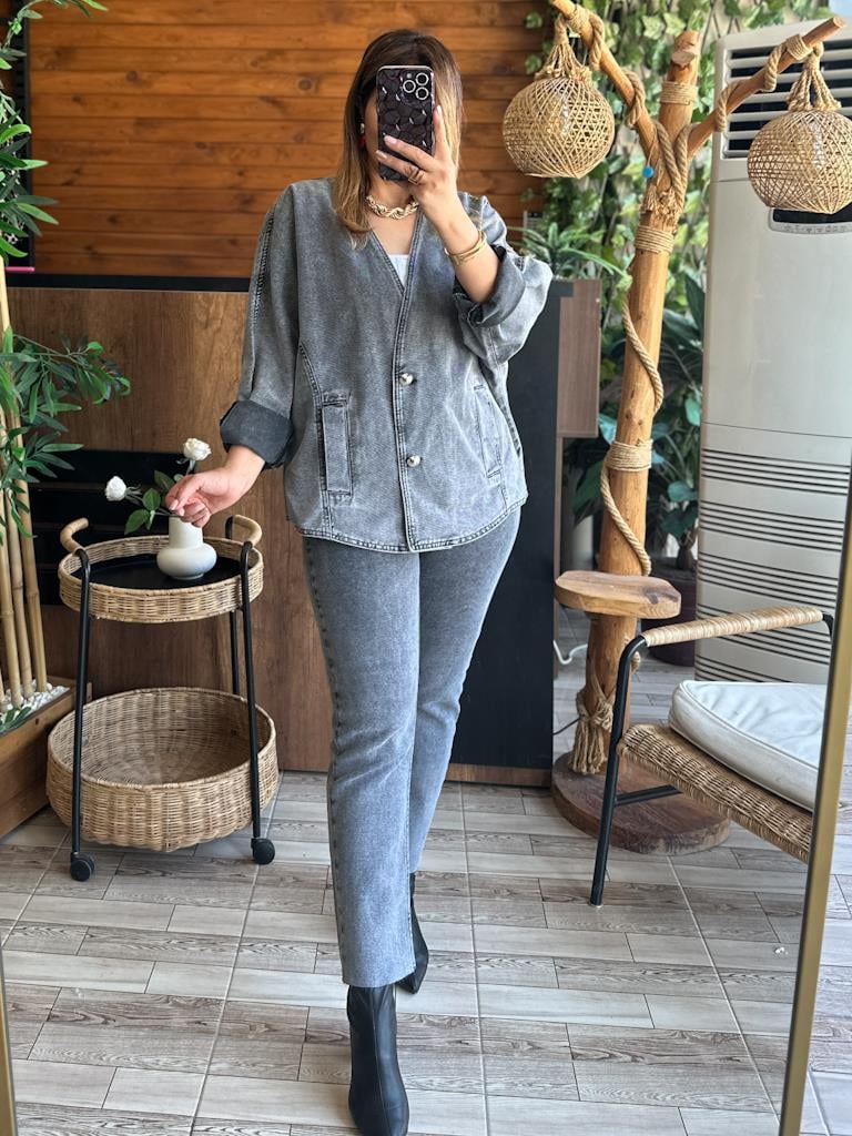 Tasarım Oversize Yarasa Kollu Ceket Gri