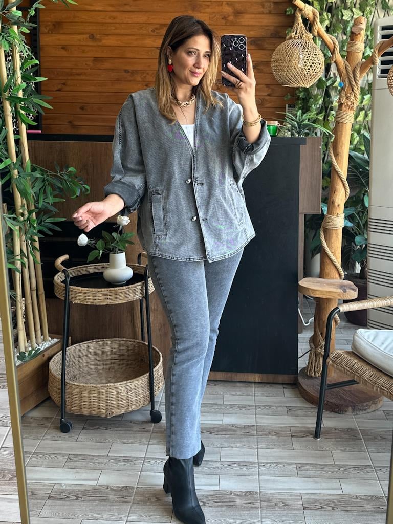 Tasarım Oversize Yarasa Kollu Ceket Gri