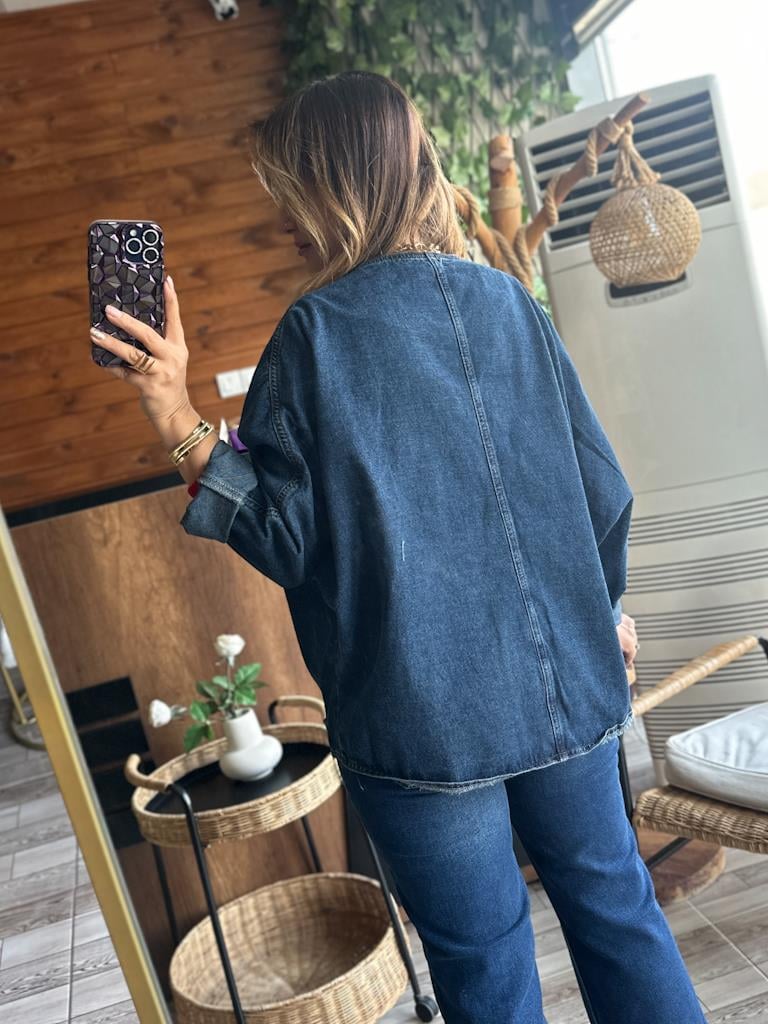 Tasarım Oversize Yarasa Kollu Ceket Koyu Mavi