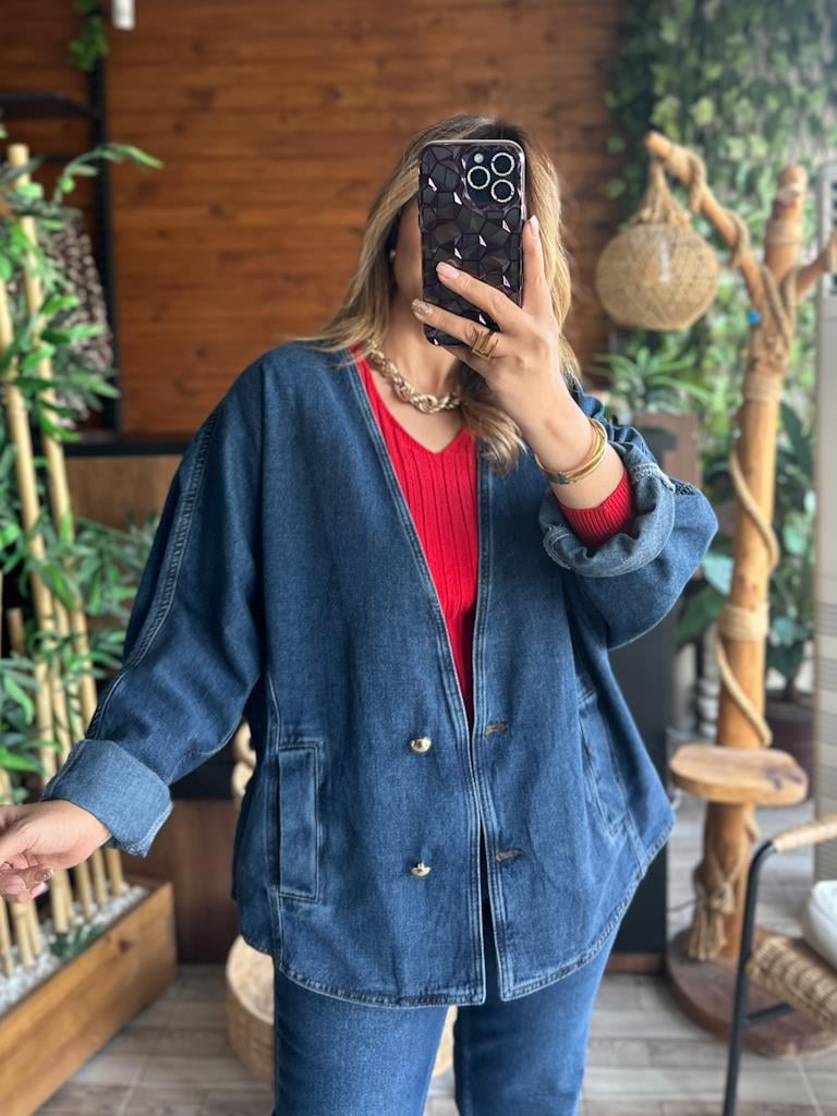 Tasarım Oversize Yarasa Kollu Ceket Koyu Mavi