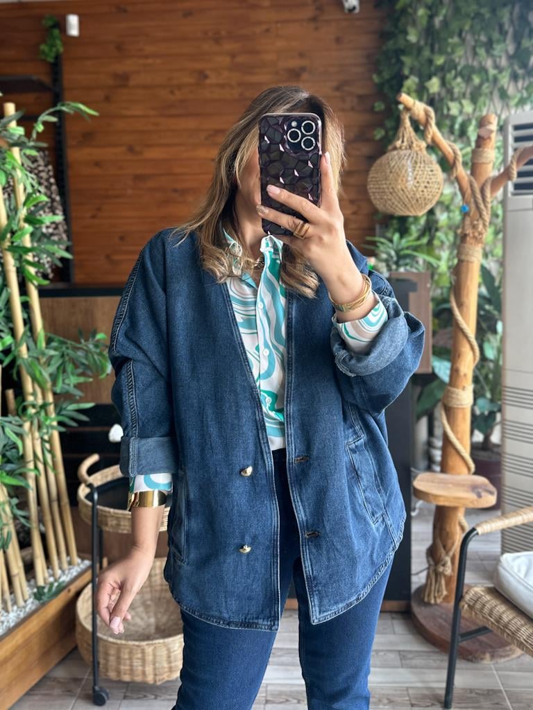 Tasarım Oversize Yarasa Kollu Ceket Koyu Mavi
