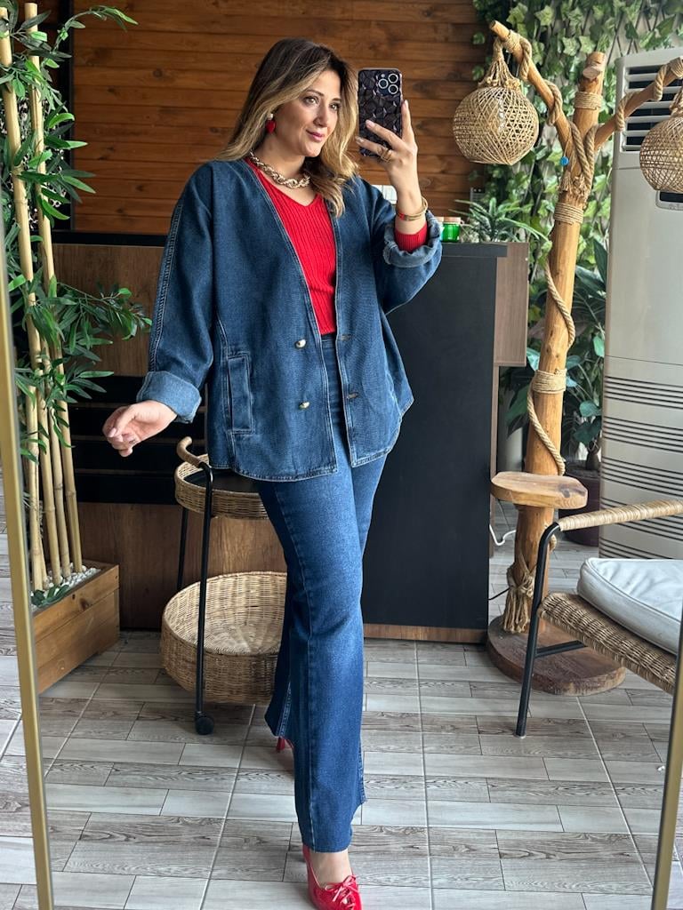 Tasarım Oversize Yarasa Kollu Ceket Koyu Mavi