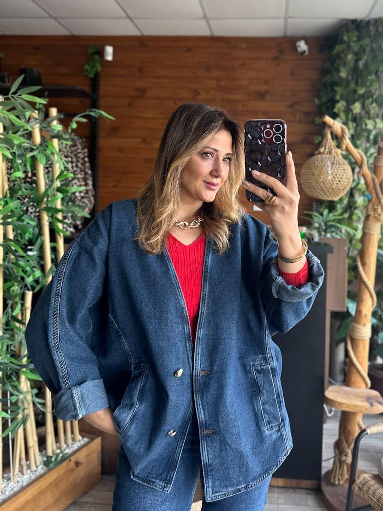Tasarım Oversize Yarasa Kollu Ceket Koyu Mavi