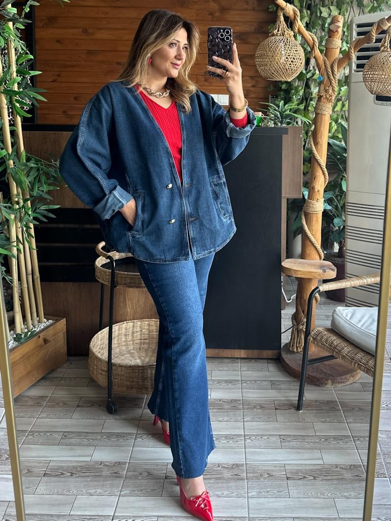 Tasarım Oversize Yarasa Kollu Ceket Koyu Mavi