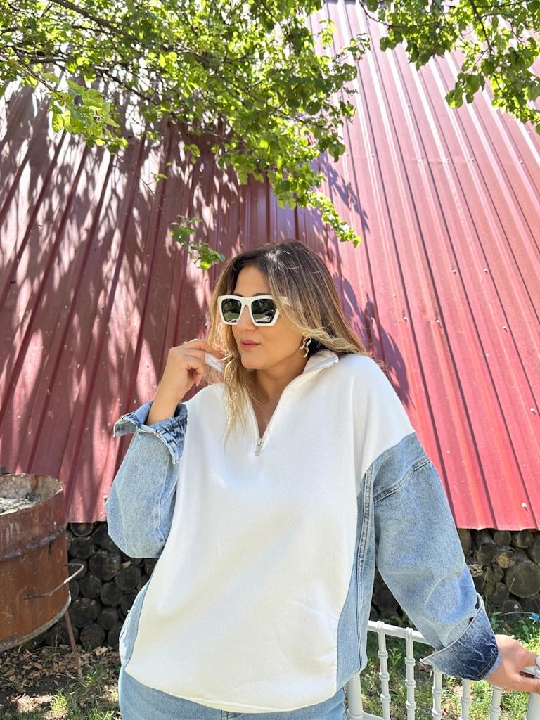 Tasarım Yaka Fermuarlı Jean Detaylı Sweatshirt