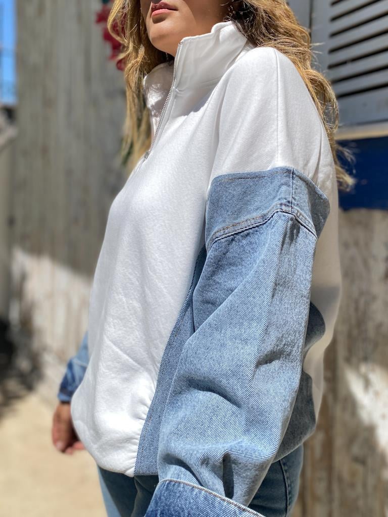 Tasarım Yaka Fermuarlı Jean Detaylı Sweatshirt