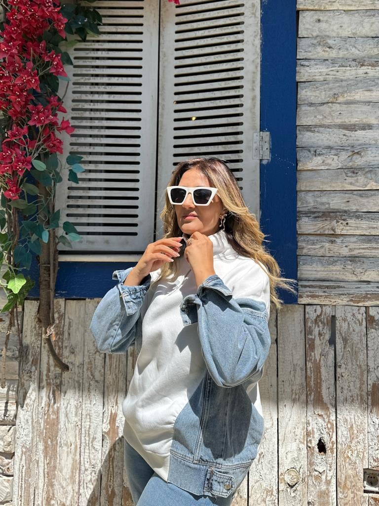 Tasarım Yaka Fermuarlı Jean Detaylı Sweatshirt