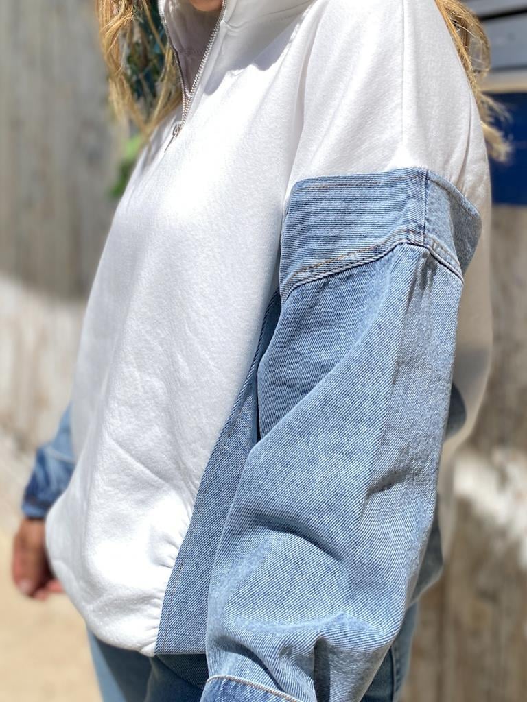 Tasarım Yaka Fermuarlı Jean Detaylı Sweatshirt
