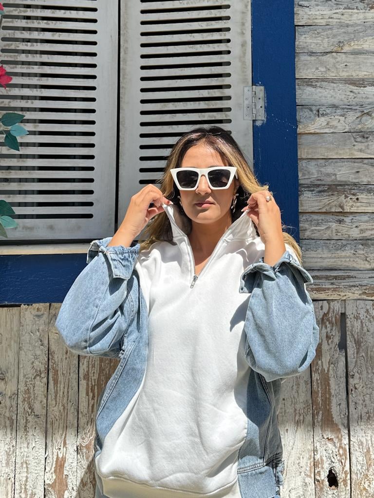 Tasarım Yaka Fermuarlı Jean Detaylı Sweatshirt