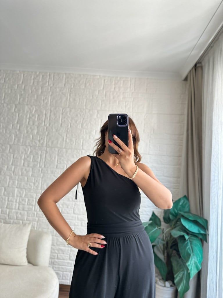Tek Omuz Askılı Sanddy Kumaş Full Likra Tulum