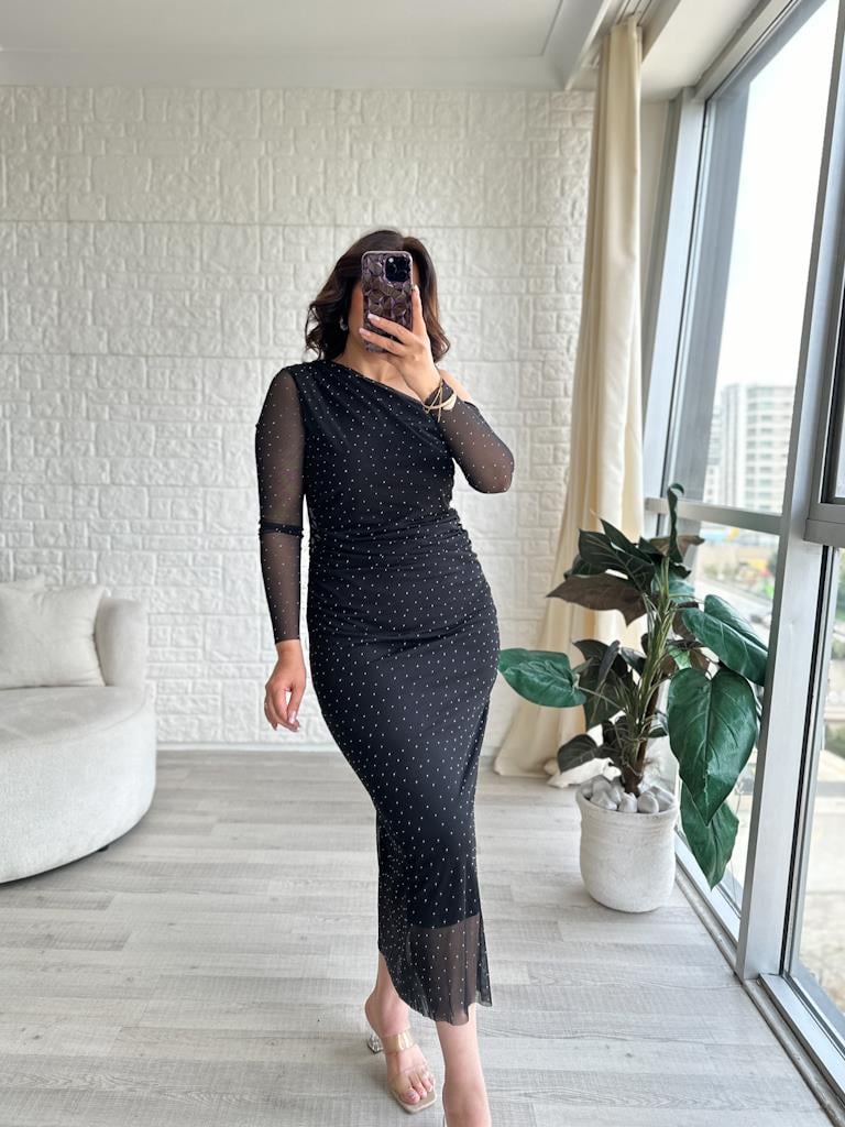 Tek Omuz Taşlı Tül Elbise