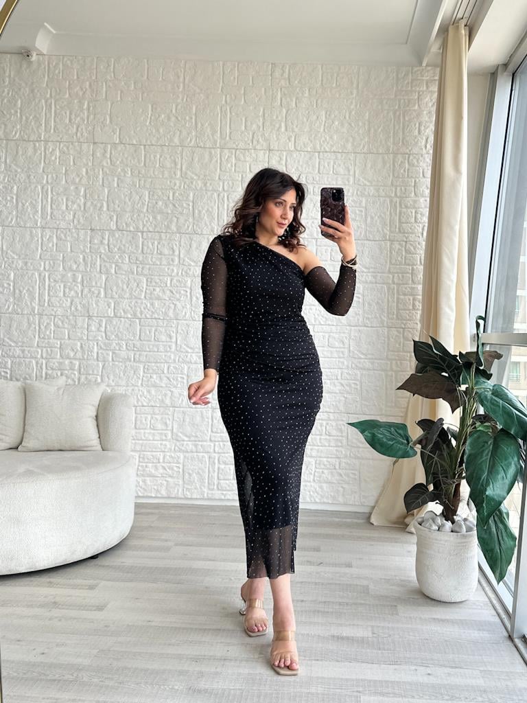 Tek Omuz Taşlı Tül Elbise