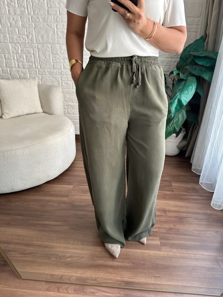 Tensel Keten Beli Lastikli Palazzo Haki Yeşil