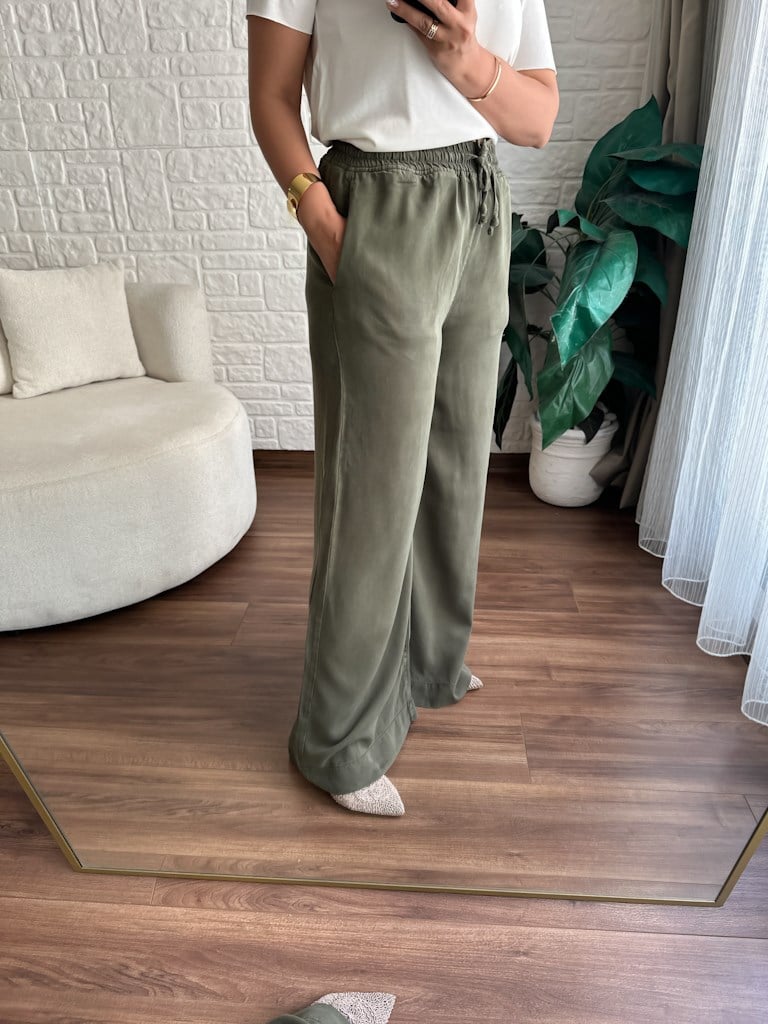 Tensel Keten Beli Lastikli Palazzo Haki Yeşil
