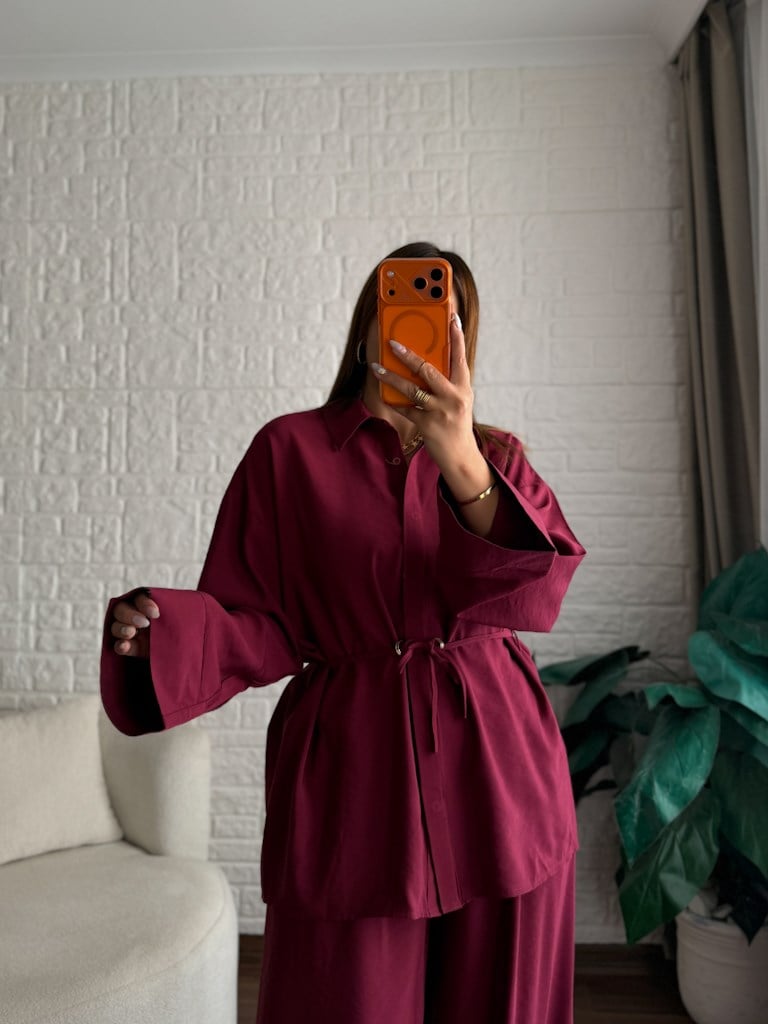 Tok Tensel Bel Kuşaklı Gömlek Pantolon Takım Bordo