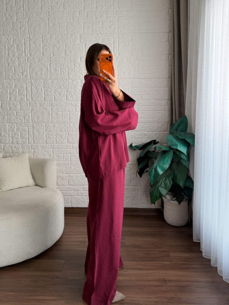 Tok Tensel Bel Kuşaklı Gömlek Pantolon Takım Bordo