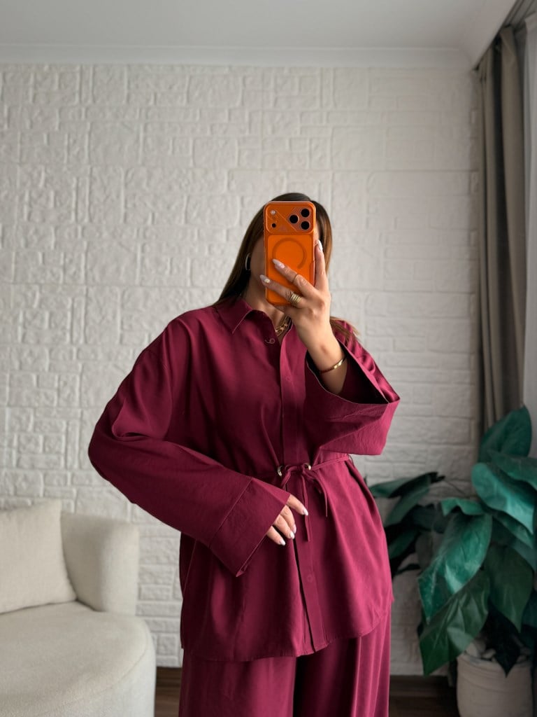 Tok Tensel Bel Kuşaklı Gömlek Pantolon Takım Bordo