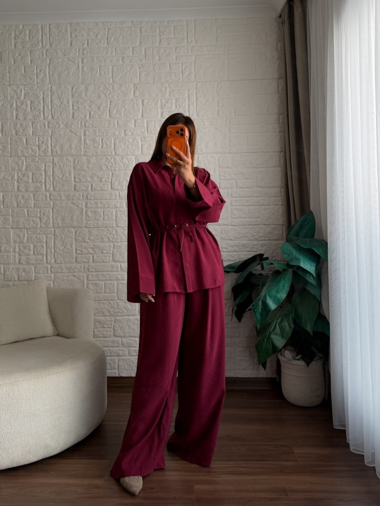Tok Tensel Bel Kuşaklı Gömlek Pantolon Takım Bordo