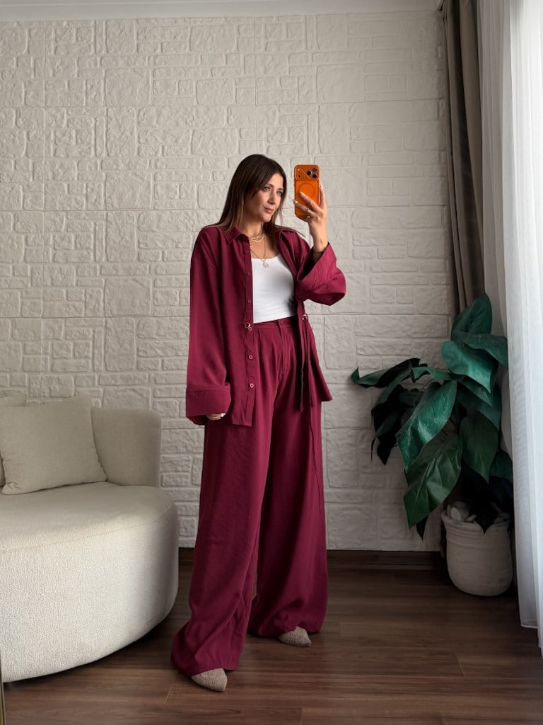 Tok Tensel Bel Kuşaklı Gömlek Pantolon Takım Bordo
