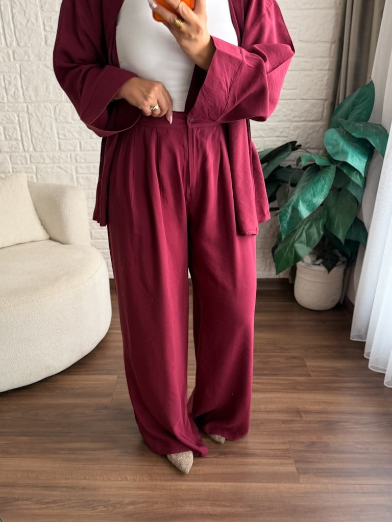 Tok Tensel Bel Kuşaklı Gömlek Pantolon Takım Bordo