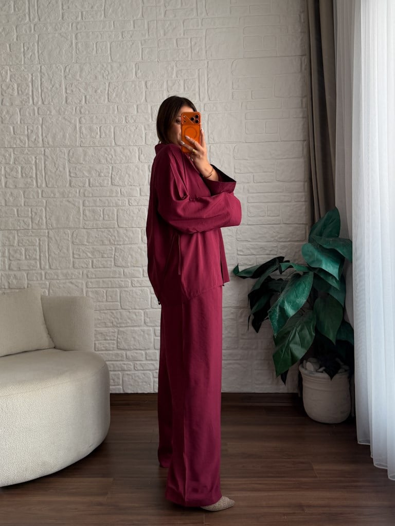 Tok Tensel Bel Kuşaklı Gömlek Pantolon Takım Bordo