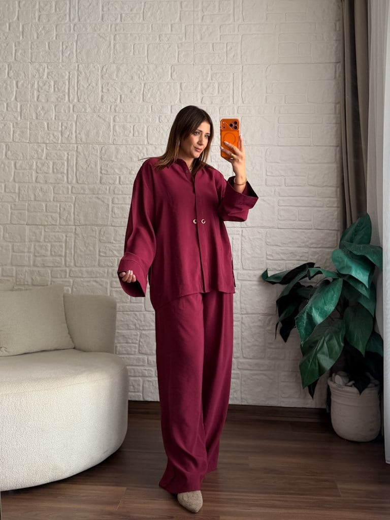 Tok Tensel Bel Kuşaklı Gömlek Pantolon Takım Bordo