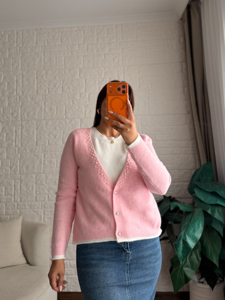 V Yaka İnci Detaylı İçi Trikolu Pembe Beyaz  Hırka