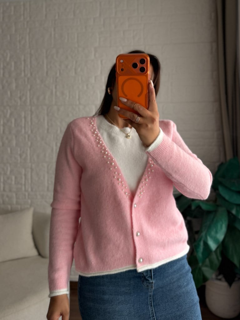 V Yaka İnci Detaylı İçi Trikolu Pembe Beyaz  Hırka