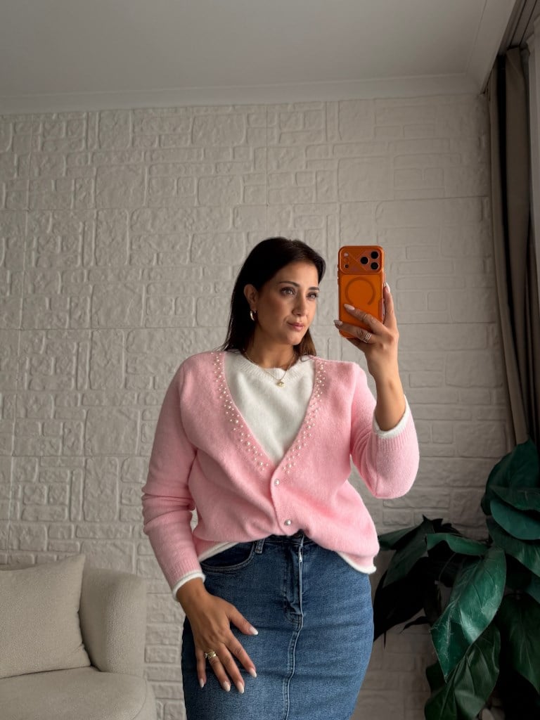 V Yaka İnci Detaylı İçi Trikolu Pembe Beyaz  Hırka