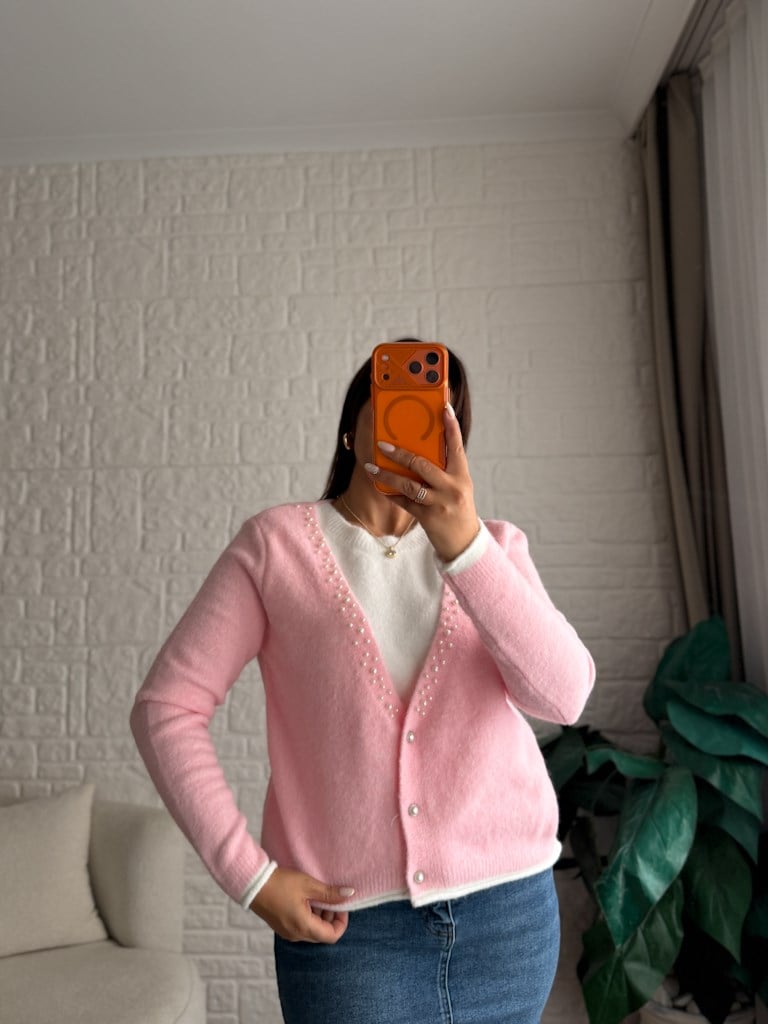 V Yaka İnci Detaylı İçi Trikolu Pembe Beyaz  Hırka