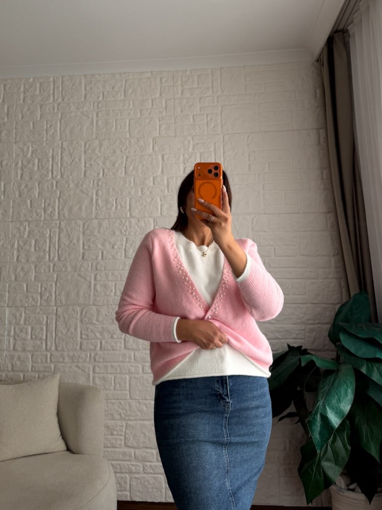 V Yaka İnci Detaylı İçi Trikolu Pembe Beyaz  Hırka