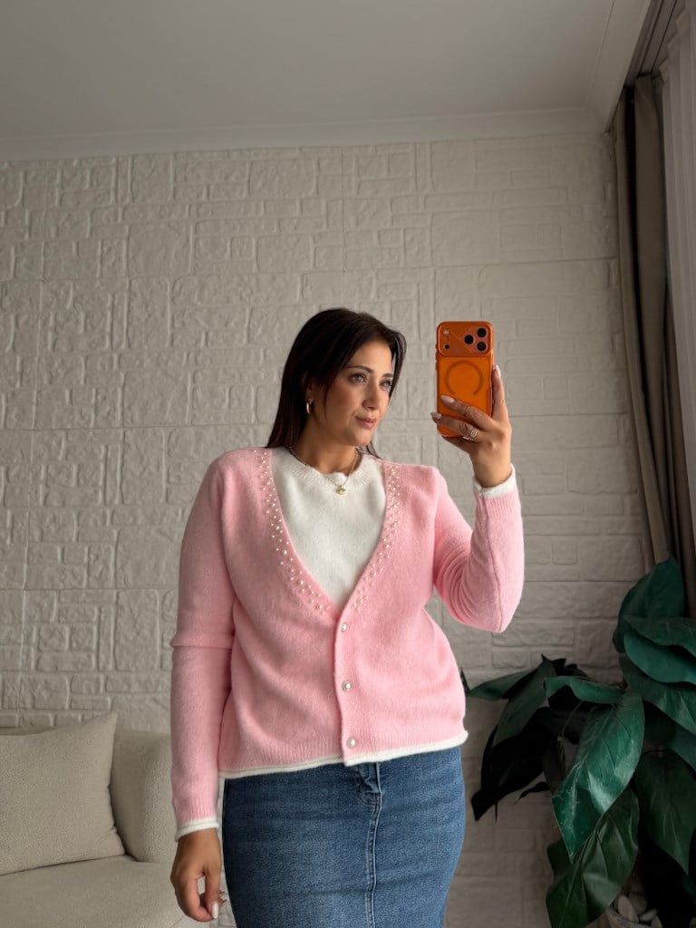V Yaka İnci Detaylı İçi Trikolu Pembe Beyaz  Hırka